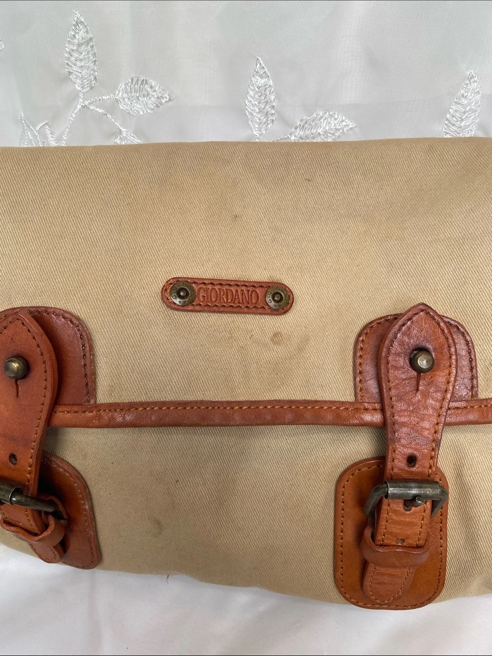 Vintage Giordano Canvas Messenger Bag with Brown Leather Trim - Beige